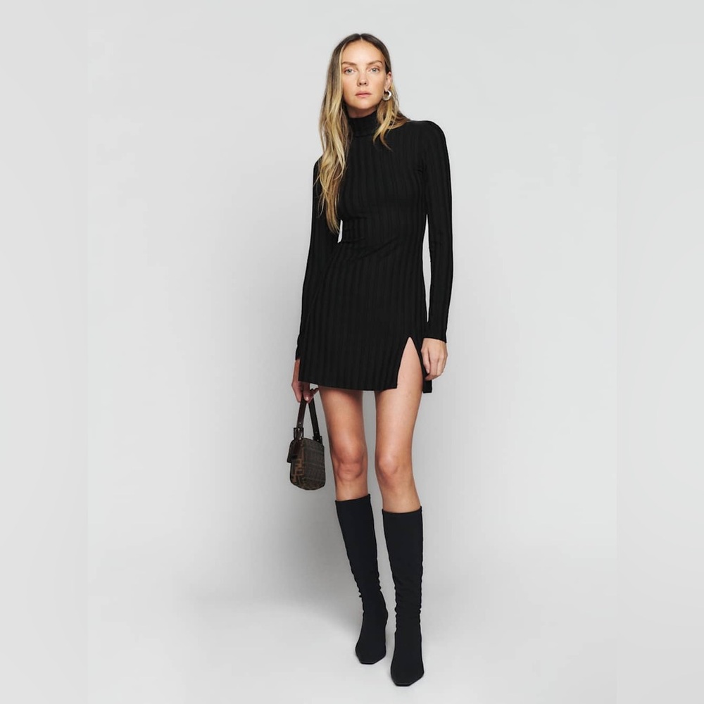 Reformation Libra Knit Black Ribbed Turtleneck Dress